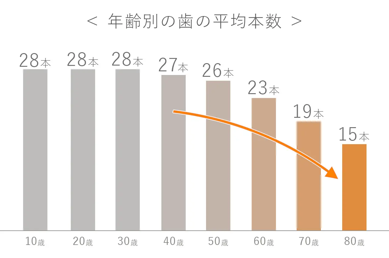 年齢別の歯の平均本数のグラフ