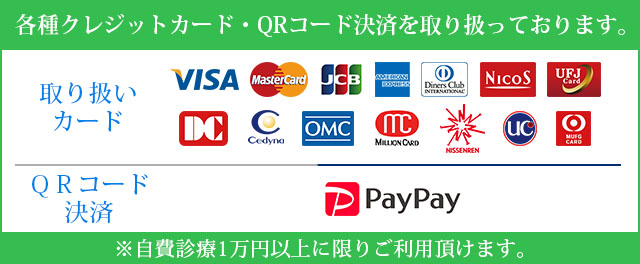 各種クレジットカード・QRコード決済を取り扱っております。